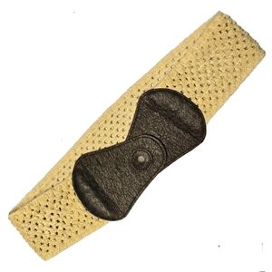 🟣Vintage Y2K Faux Leather Tan Knit Crochet Elastic Band Front Snap Waistbelt XL